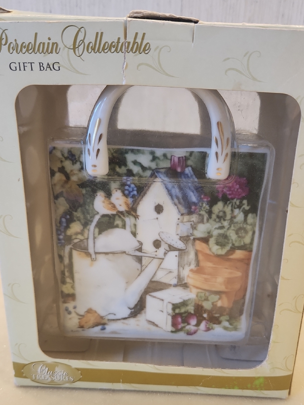 Porcelain Collectible Gift Bag with Garden Scene - White Handles - NWOT